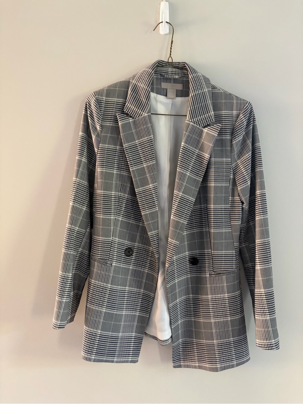 H&M Gray Plaid Double-Breasted Blazer